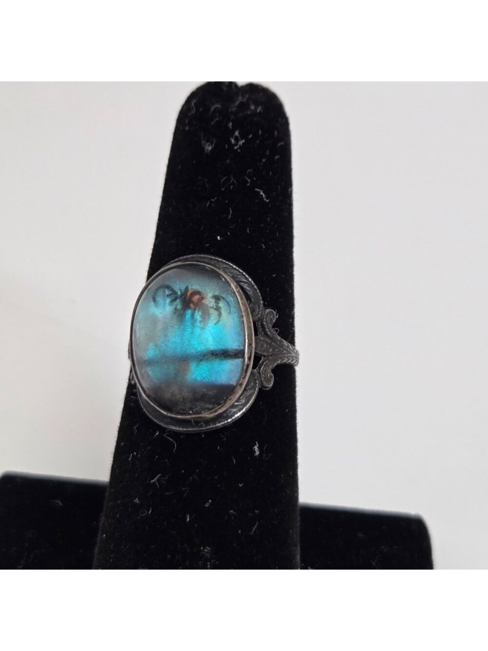 Vintage Art Deco Hoffman Blue Morpho Butterfly Wing Sterling Ring Size 6